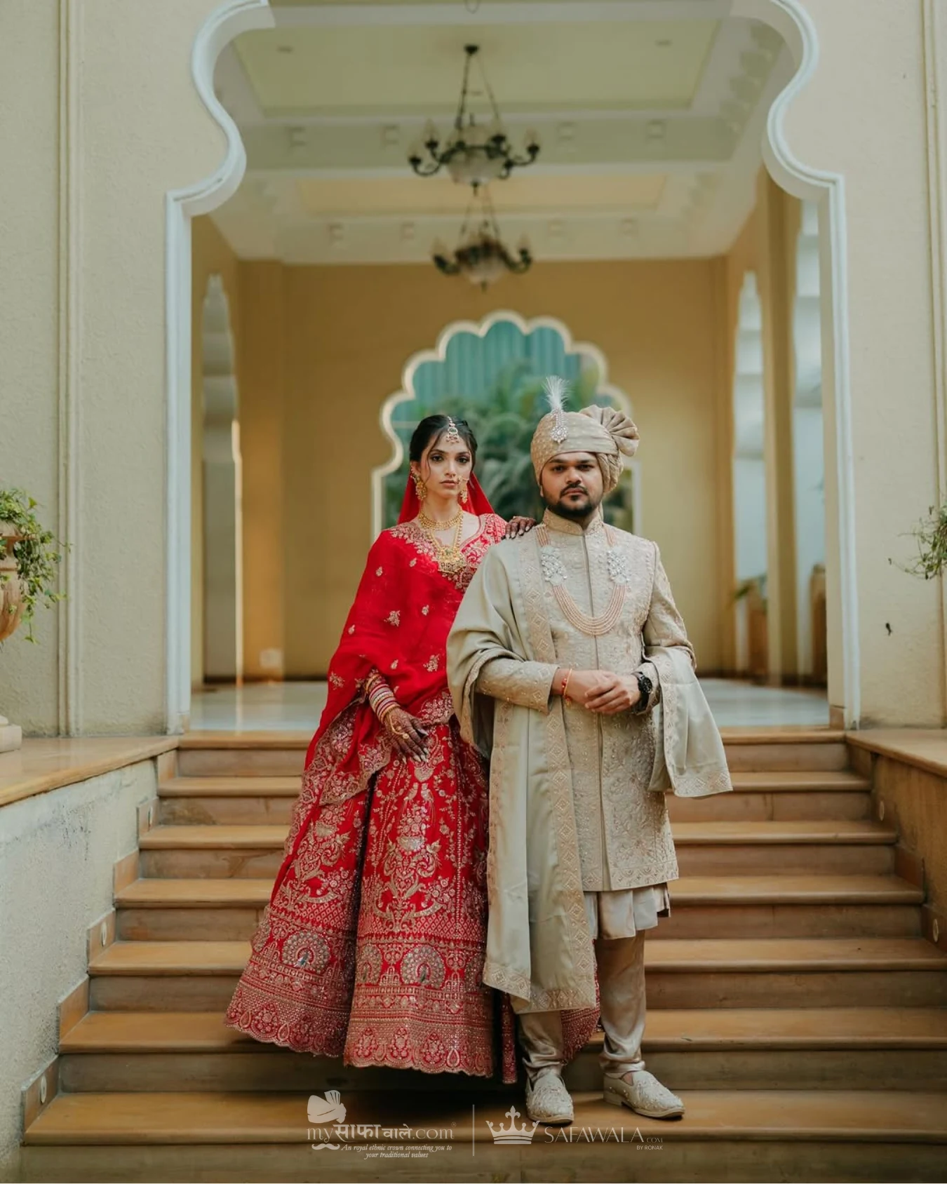 Coordinated ivory wedding pagdis for a formal celebration for Fatehgunj